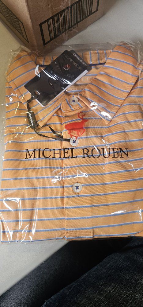 New Michel Rouen Men's Medium Orange Striped Polo Shirt with Tags - Performance Fabric