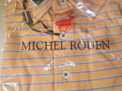 New Michel Rouen Men's Medium Orange Striped Polo Shirt with Tags - Performance Fabric