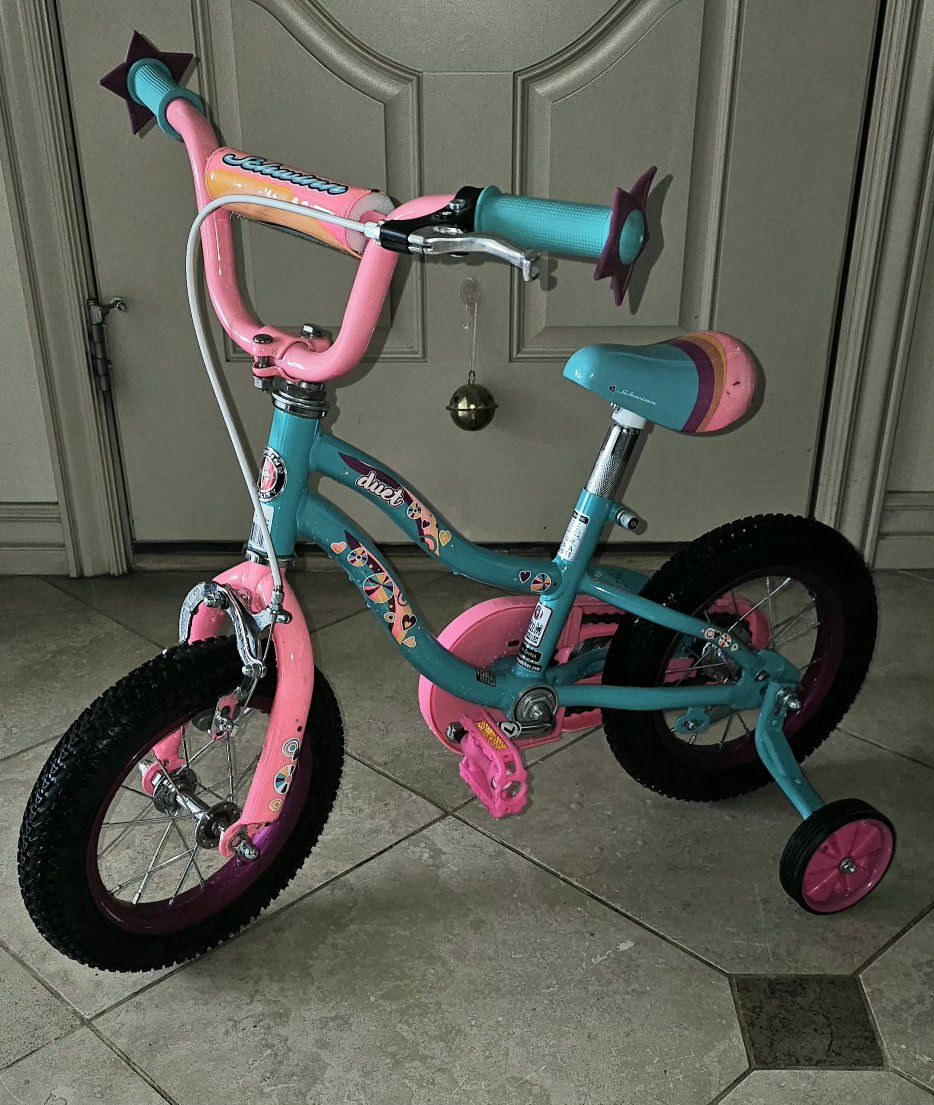 Schwinn Girl's Mini Me 12-inch Bicycle - Pink/Teal with Training Wheels