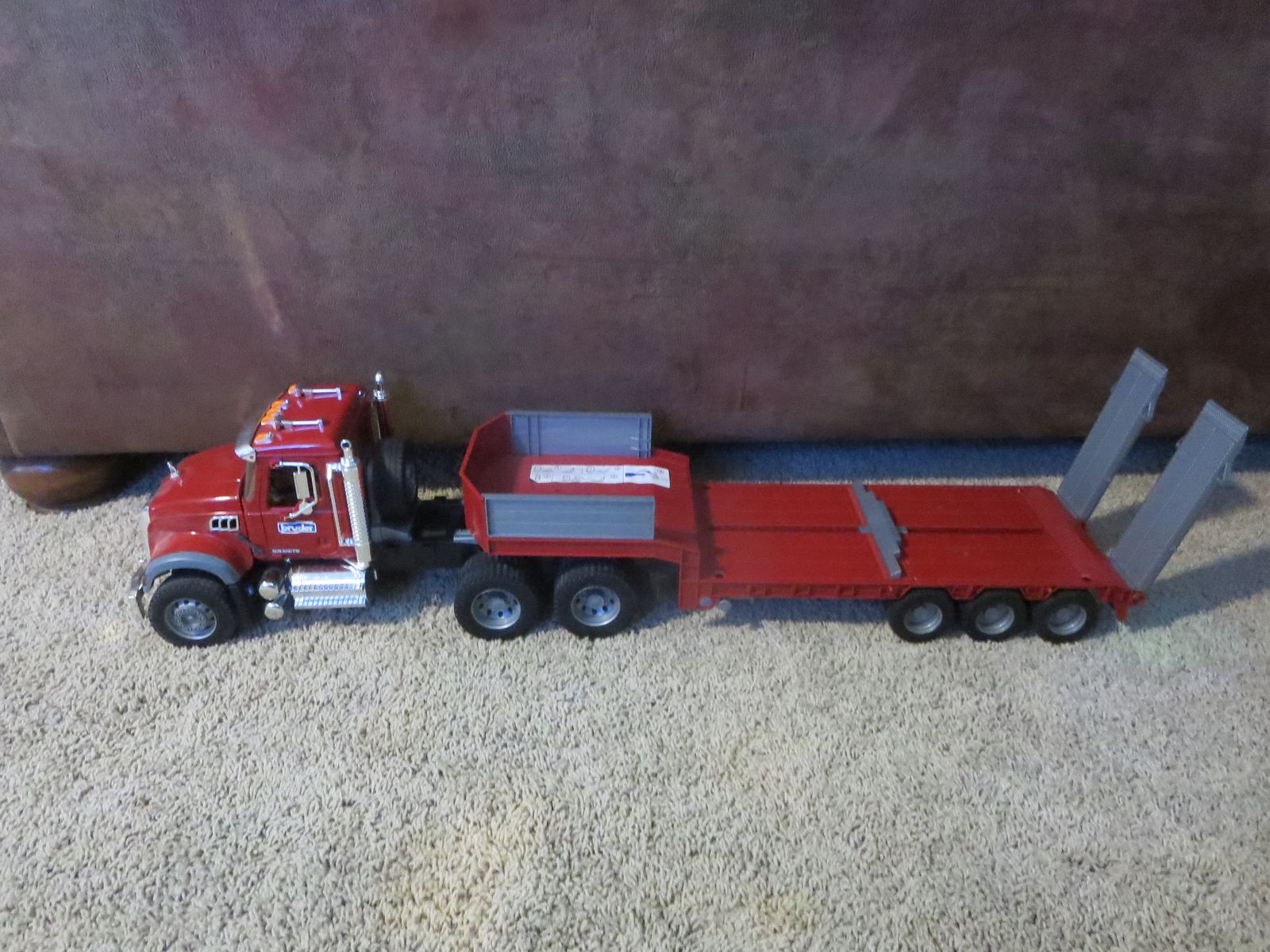 Bruder Mack Granite Low Loader Semi Trailer Red Toy Truck