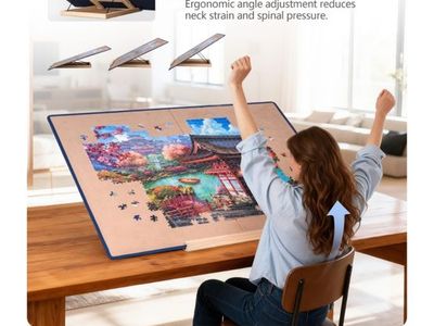 Foldable Jigsaw Puzzle Board with Wooden Tilting Stand, Cover & Color-Coded Sorting Trays