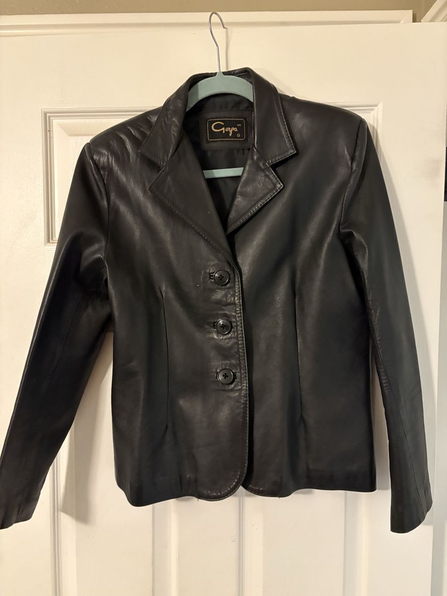 Vintage Black 100% Genuine Leather Button-Front Blazer Jacket