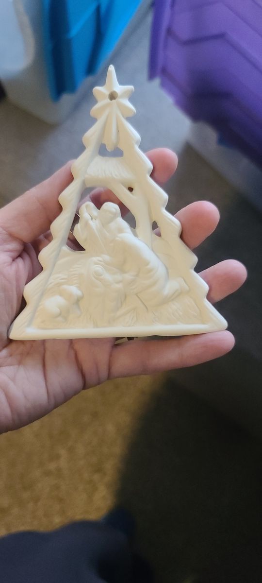 White Bisque Christmas Tree Shaped with Holy Family Nativity