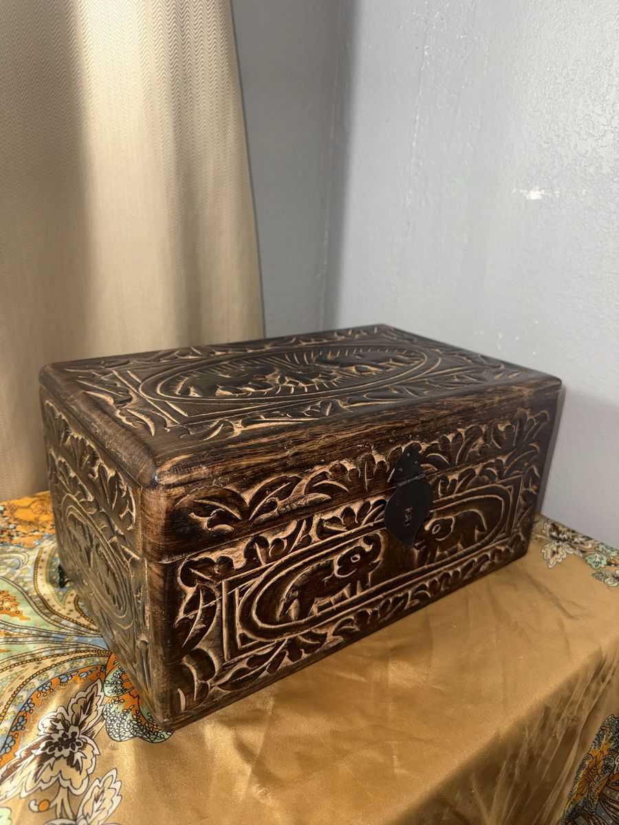 Handmade Carved Wooden Storage Box with Elephant Motif