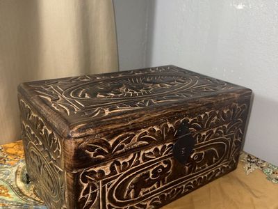 Handmade Carved Wooden Storage Box with Elephant Motif