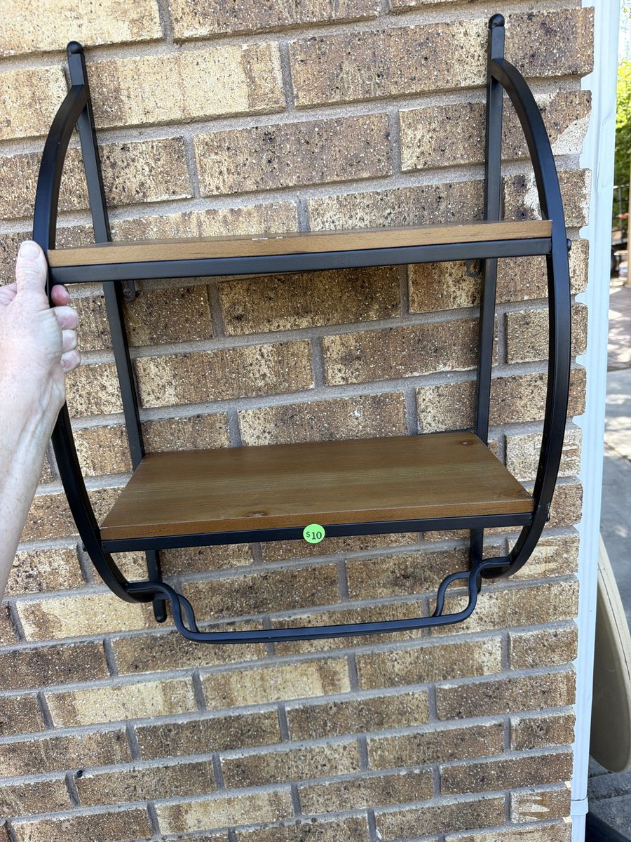 Metal and Wood Wall Shelf with Towel Bar