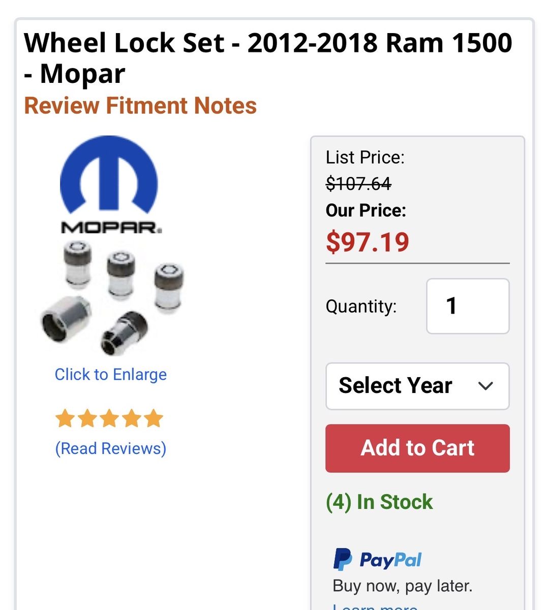 Mopar Wheel Lock Set for 2012-2018 Ram 1500 - Chrome, Anti-Theft Lug Nuts