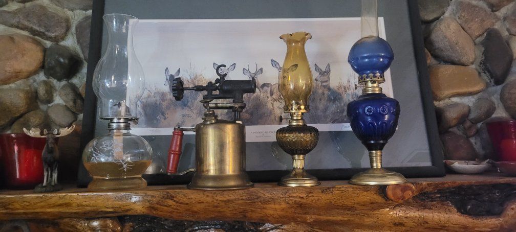 Vintage Oil Lamps Lot of 3 & Antique Brass Blow Torch Collection