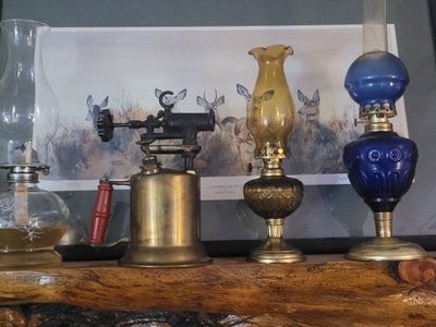 Vintage Oil Lamps Lot of 3 & Antique Brass Blow Torch Collection