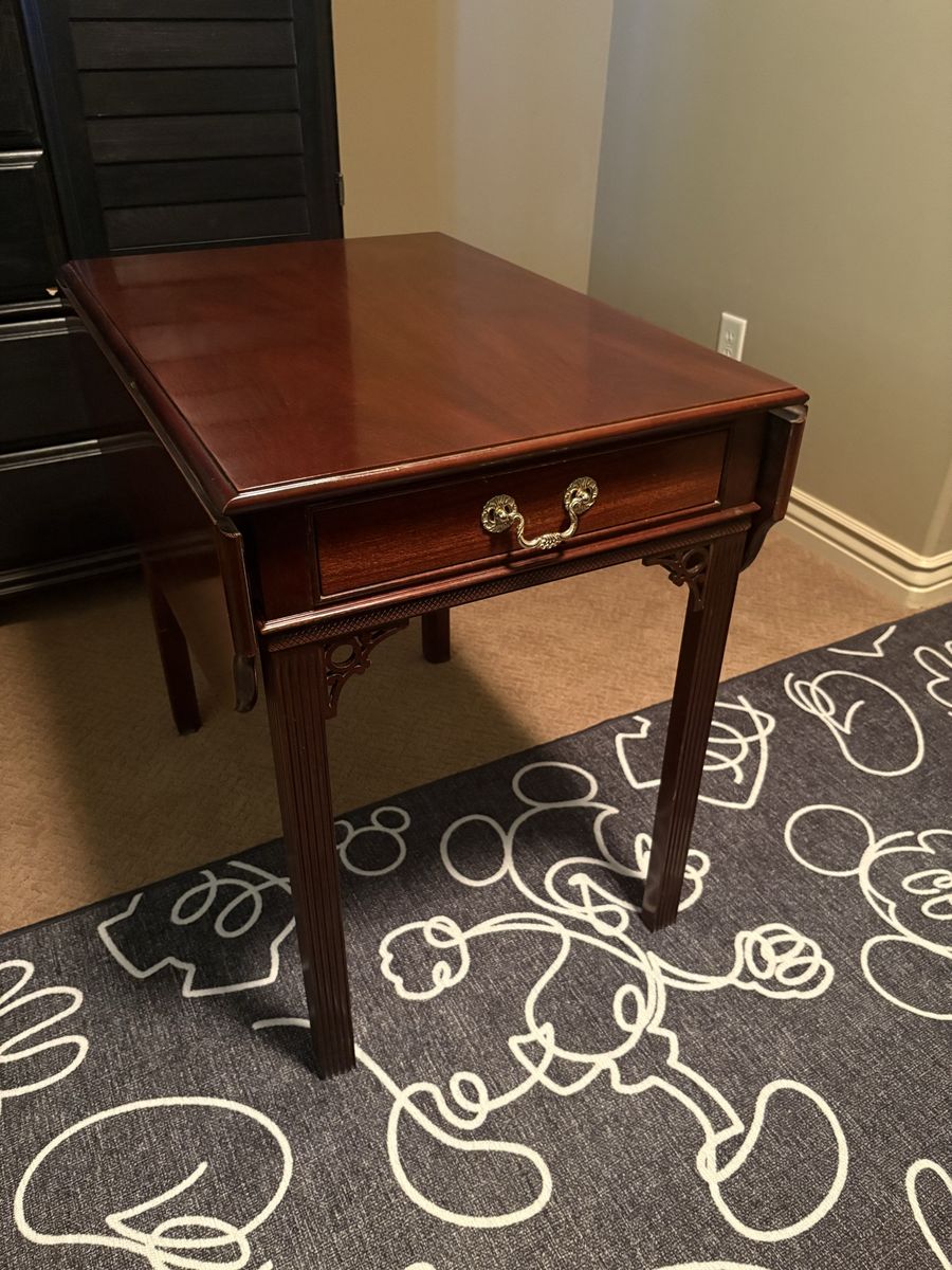 Two Elegant Mahogany Drop Leaf End Table with Drawer & Ornate Brass Pull