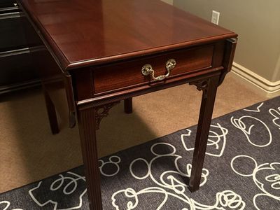 Two Elegant Mahogany Drop Leaf End Table with Drawer & Ornate Brass Pull
