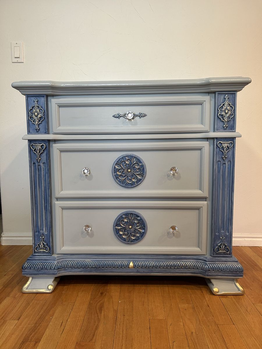 Ornate French Provincial Nightstand/Dresser - Gray & Blue with Crystal Knobs