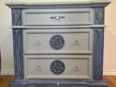 Ornate French Provincial Nightstand/Dresser - Gray & Blue with Crystal Knobs