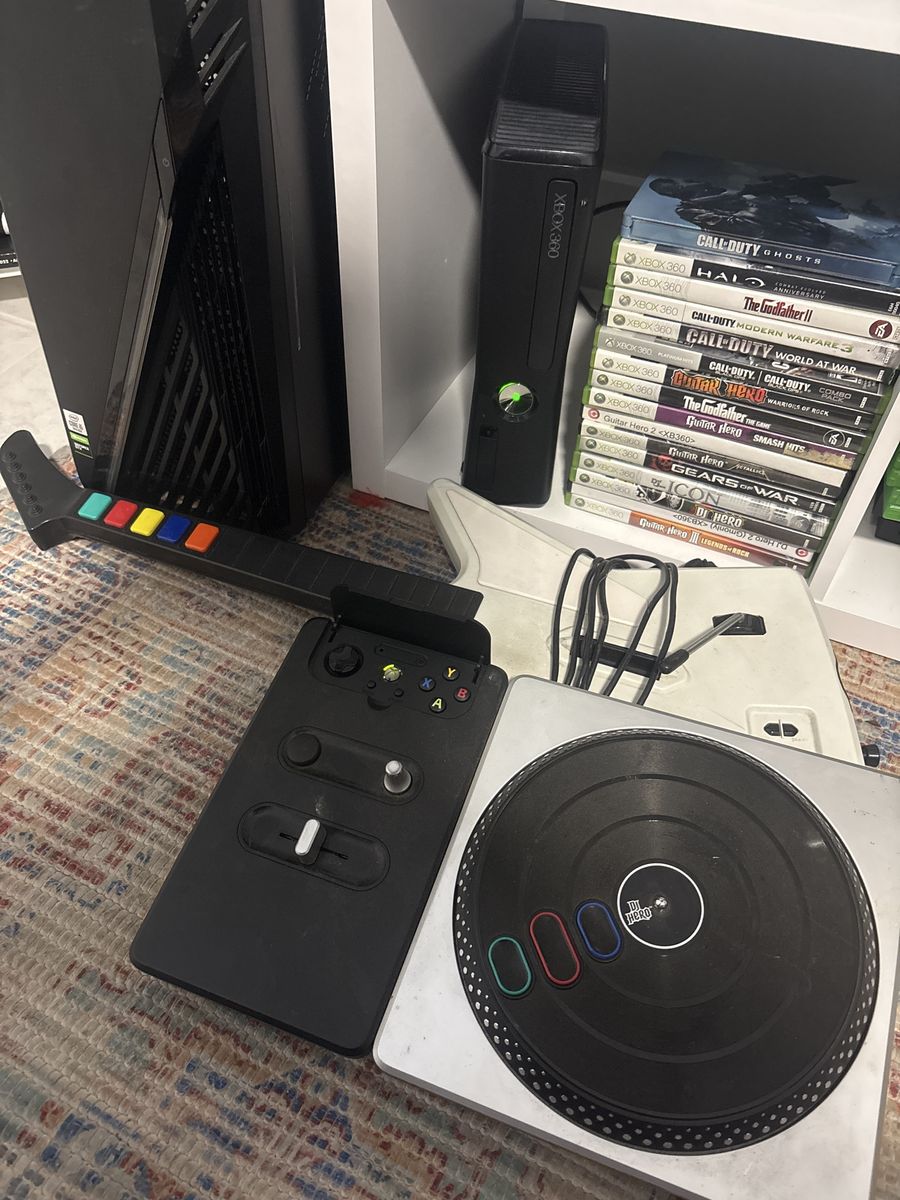 Xbox 360 Console Bundle with DJ Hero Turntable, Guitar Hero Controller, and 15 Games