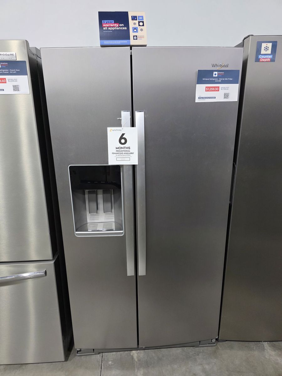 Whirlpool 28.5 Cu Ft Side by Side Refrigerator — Ice and Water, 36 Inch Stainless, Brand New