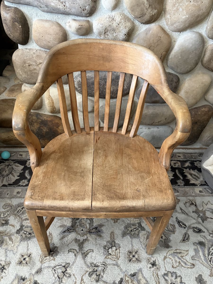 Vintage Wooden Banker Captain's Chair with Curved Armrests
