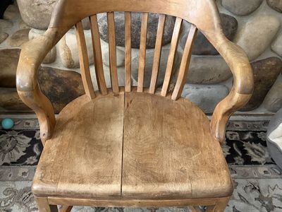 Vintage Wooden Banker Captain's Chair with Curved Armrests