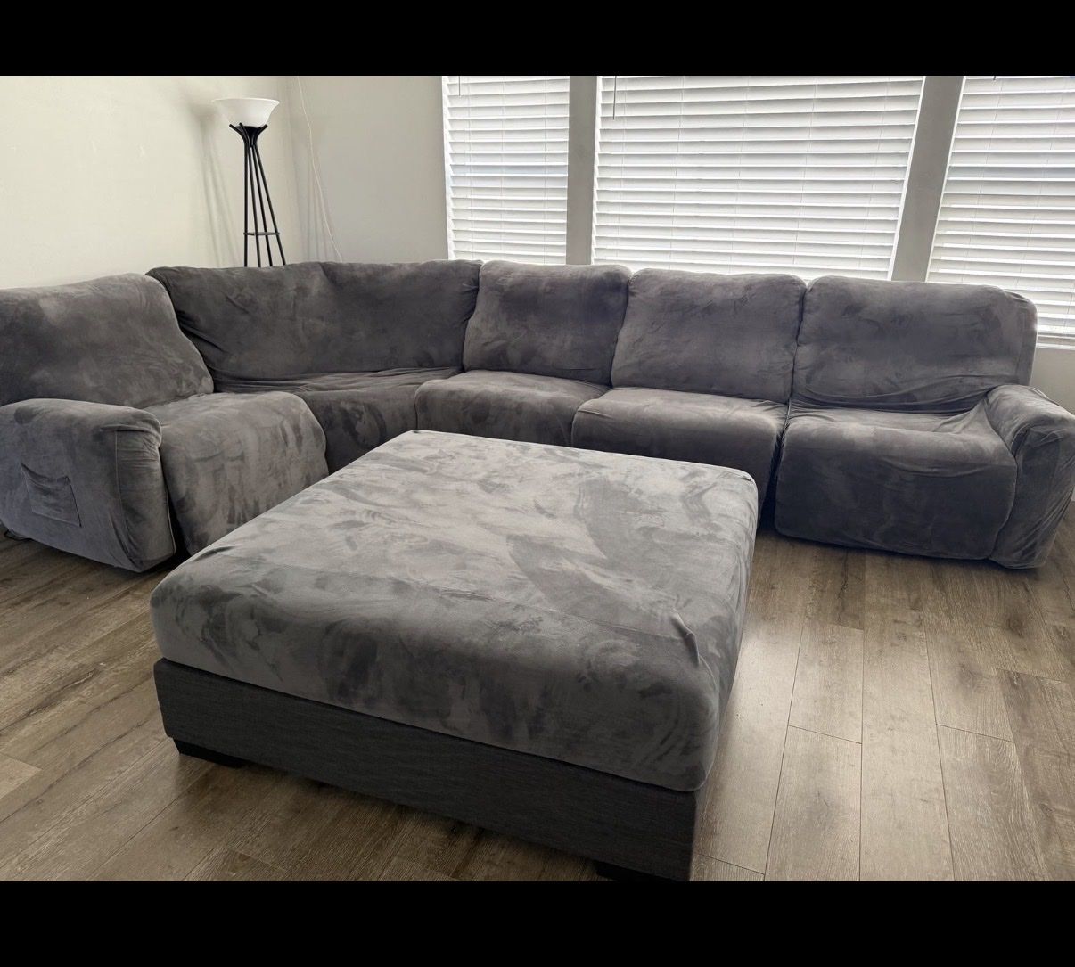 Five piece microfiber electric reclining sectional w/couch covers & brand new ottoman