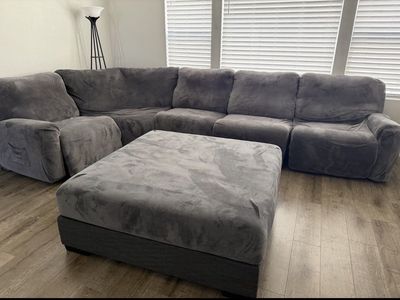 Five piece microfiber electric reclining sectional w/couch covers & brand new ottoman