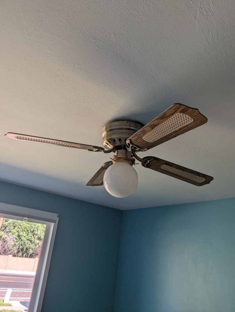 Vintage Brass Ceiling Fan with Wood and Cane Blades and Globe Light
