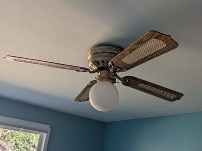 Vintage Brass Ceiling Fan with Wood and Cane Blades and Globe Light
