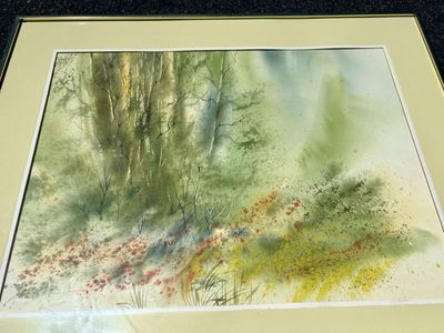 Beautiful original watercolor by Lynn Grayson Framed and matted fine art flowers and trees landscape