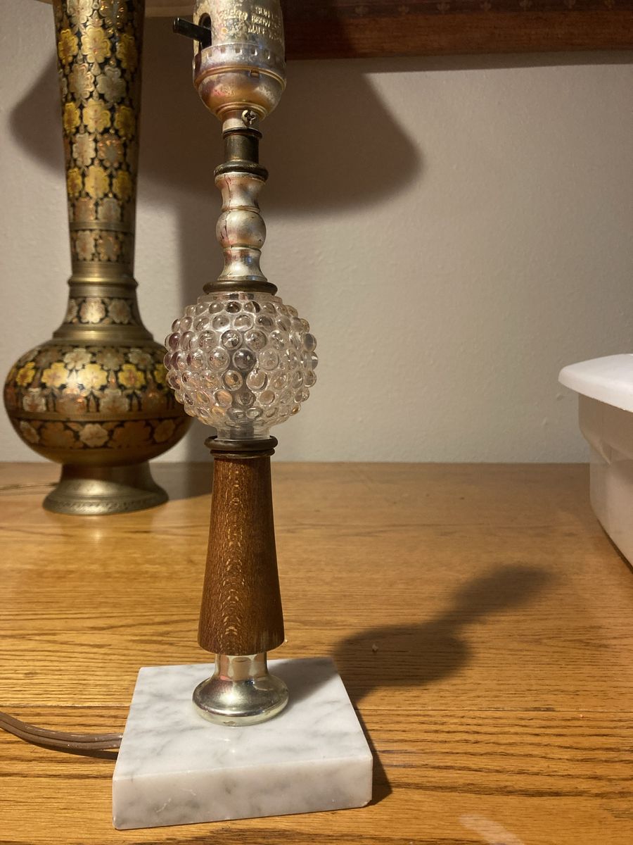 Mid-Century Modern Marble Base Glass & Wood Accent Table Lamp Light