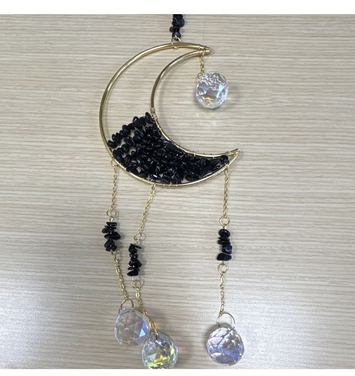 Crescent Moon Sun Catcher with Black Tourmaline & Crystal Prisms - Gold Tone