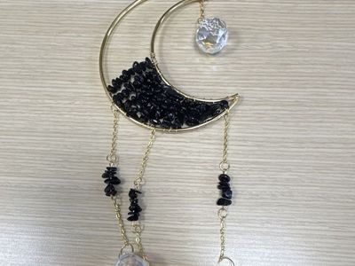Crescent Moon Sun Catcher with Black Tourmaline & Crystal Prisms - Gold Tone