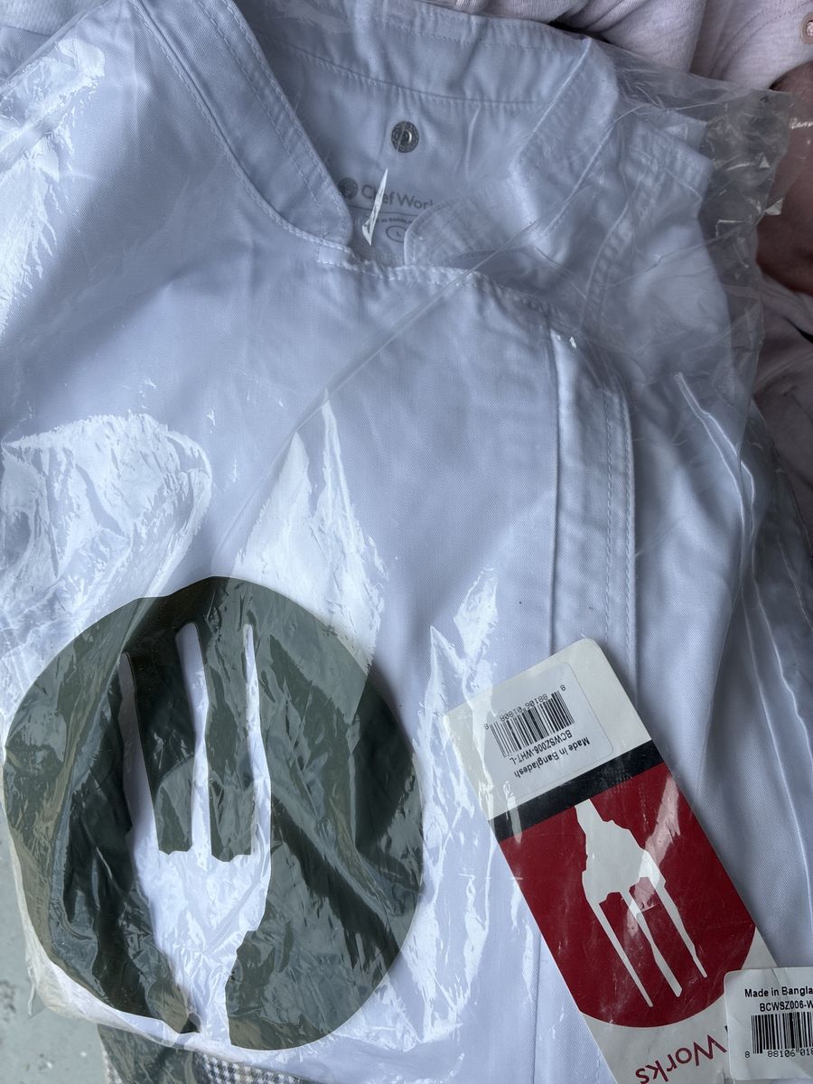 Chef Works White Chef Coat Jacket (Large) & Black Gingham Pants (Large) Set - New w/ Tags