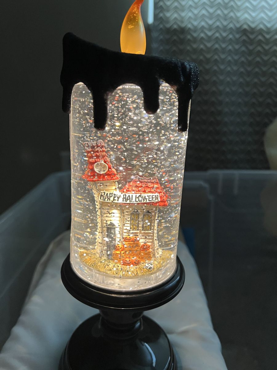 Lighted Halloween Haunted House Snow Globe Candle Pedestal Decor