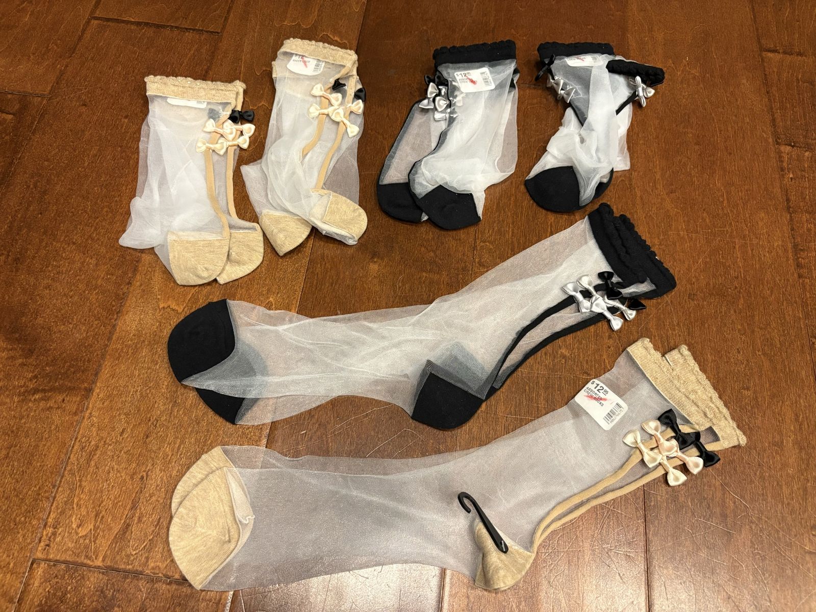 New Sheer Crew Socks w/ Black or Tan Bows - 6 available 
