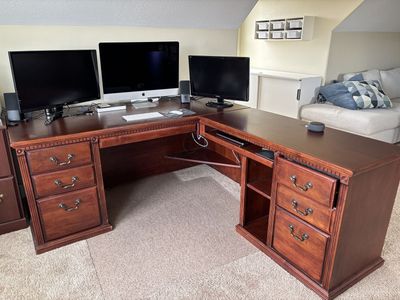 Executive Solid Wood L-Shaped Desk with Integrated Power