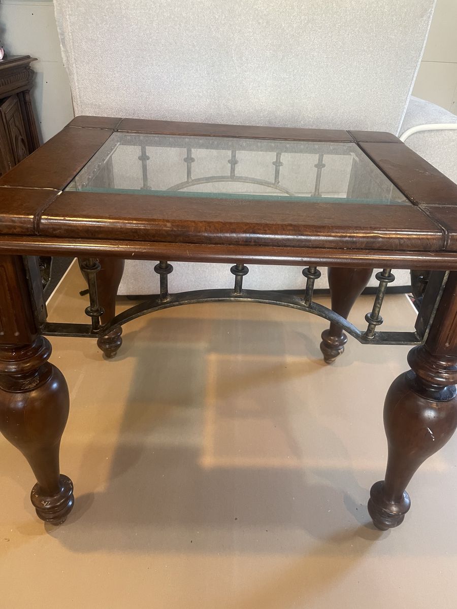 Glass Top End Table – Solid Wood & Metal Base