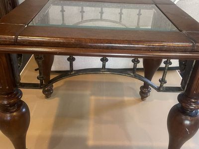 Glass Top End Table – Solid Wood & Metal Base