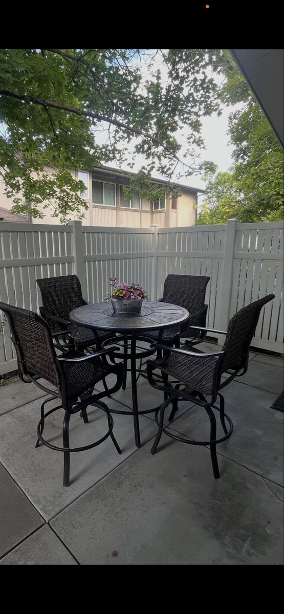 Outdoor Bar Height Patio Dining Set w/ 4 Brown Wicker Swivel Chairs & Round Table