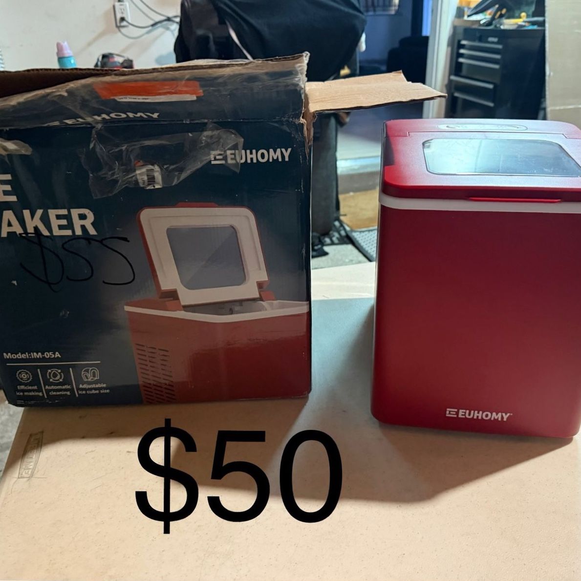 EUHOMY IM-05A Compact Portable Ice Maker - Red, Automatic Cleaning, Adjustable Ice Cube Size