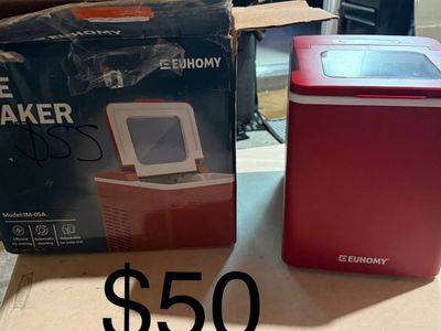 EUHOMY IM-05A Compact Portable Ice Maker - Red, Automatic Cleaning, Adjustable Ice Cube Size