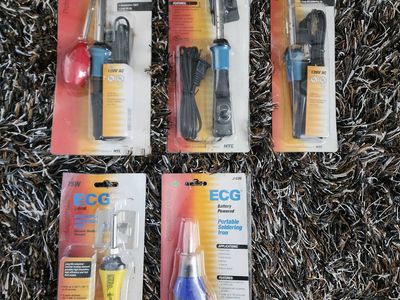 Various ECG soldering irons, 3 corded, 2 butane