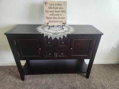 Dark Wood Console Table with 4 Drawers, 2 Cabinets, and Open Shelf - Versatile Storage