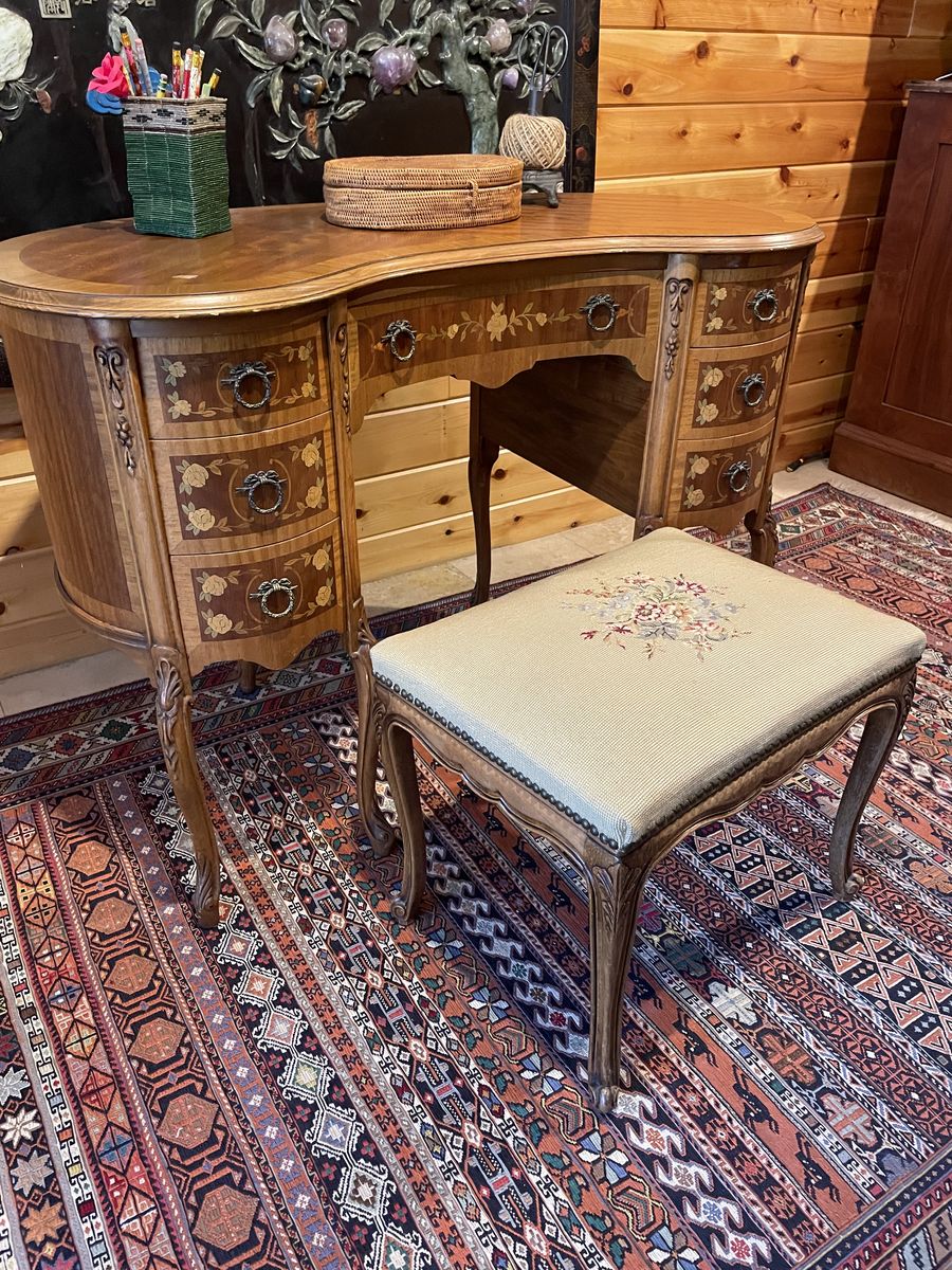 Antique desk and needlepoint bench