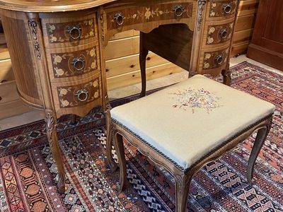Antique desk and needlepoint bench