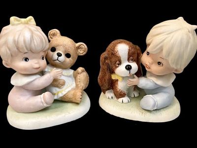 VINTAGE Homco #1424 - Porcelain Baby Pair BOY w/ Dog + GIRL w/ Teddy Bear - See Photos.