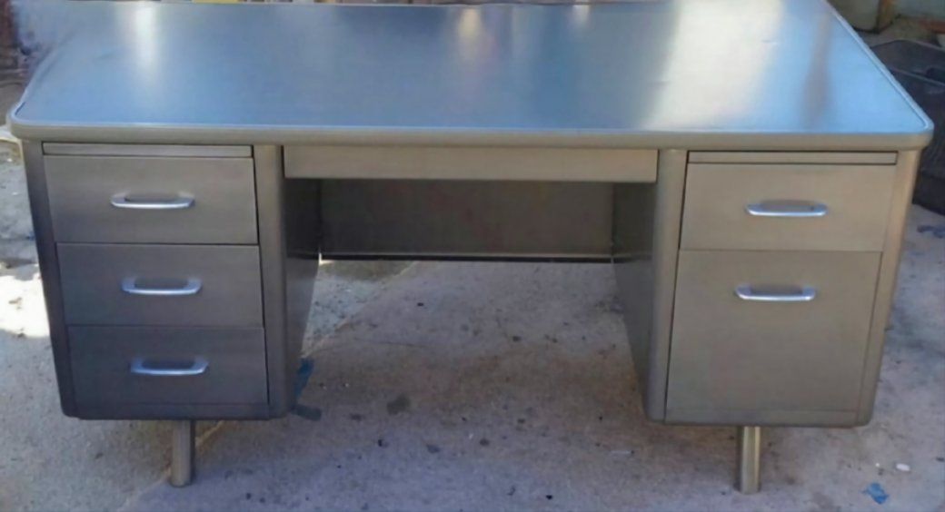 Vintage Metal Steamer Office Desk with 5 Drawers & Pedestal Legs