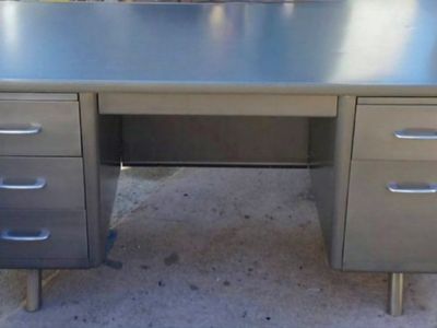 Vintage Metal Steamer Office Desk with 5 Drawers & Pedestal Legs