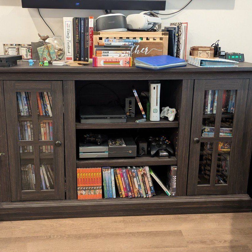 Dark Wood TV Stand Media Console with Glass Doors and Shelves