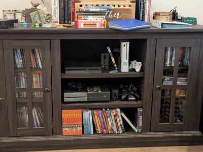 Dark Wood TV Stand Media Console with Glass Doors and Shelves