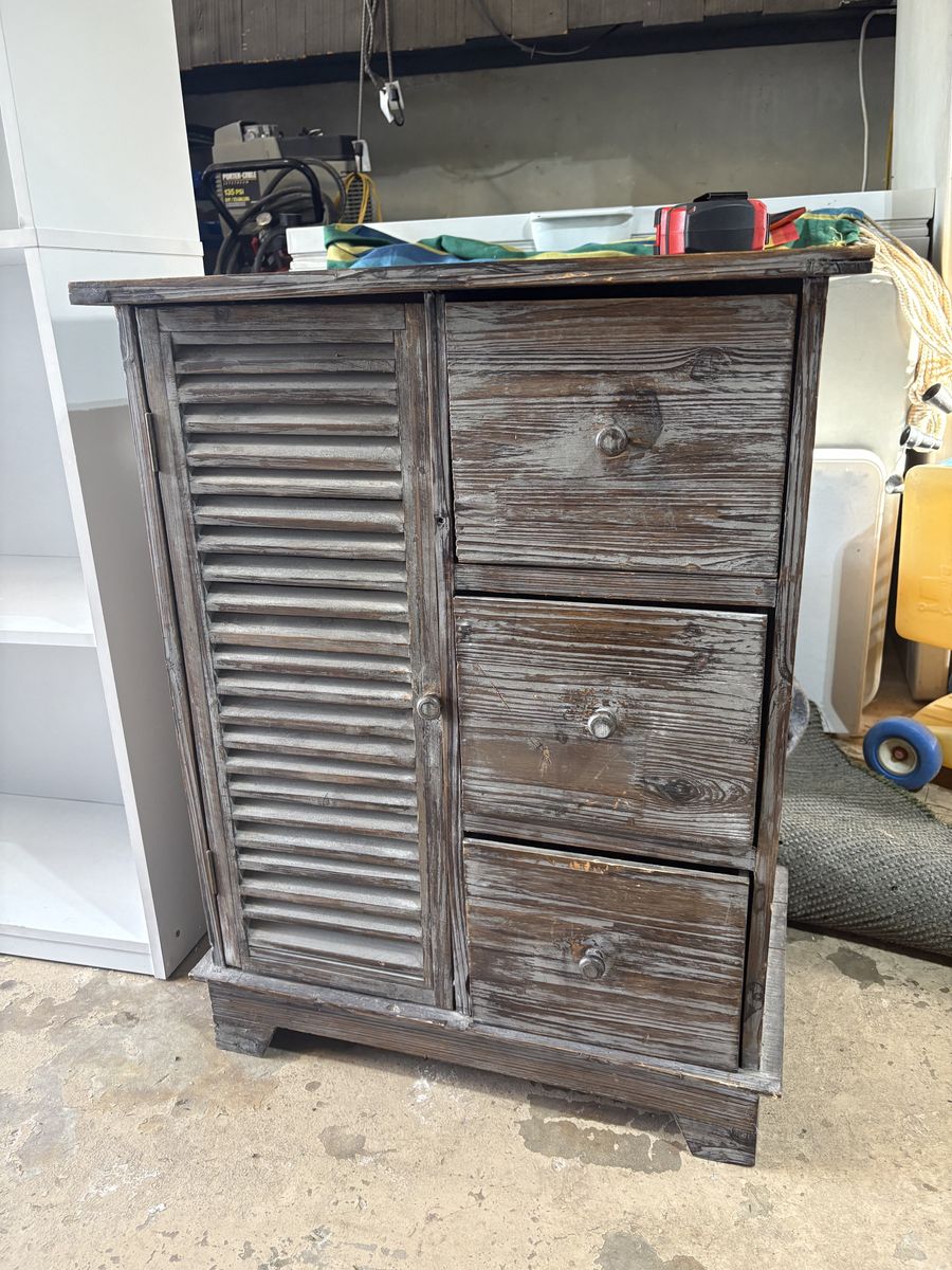 Rustic Wooden Cabinet with 3 Drawers and Louvered Side Storage