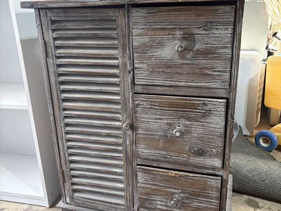 Rustic Wooden Cabinet with 3 Drawers and Louvered Side Storage