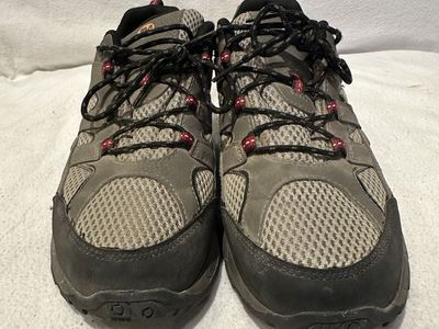 Merrell youth size 7, beige with black and red trim lace up hiking shoes